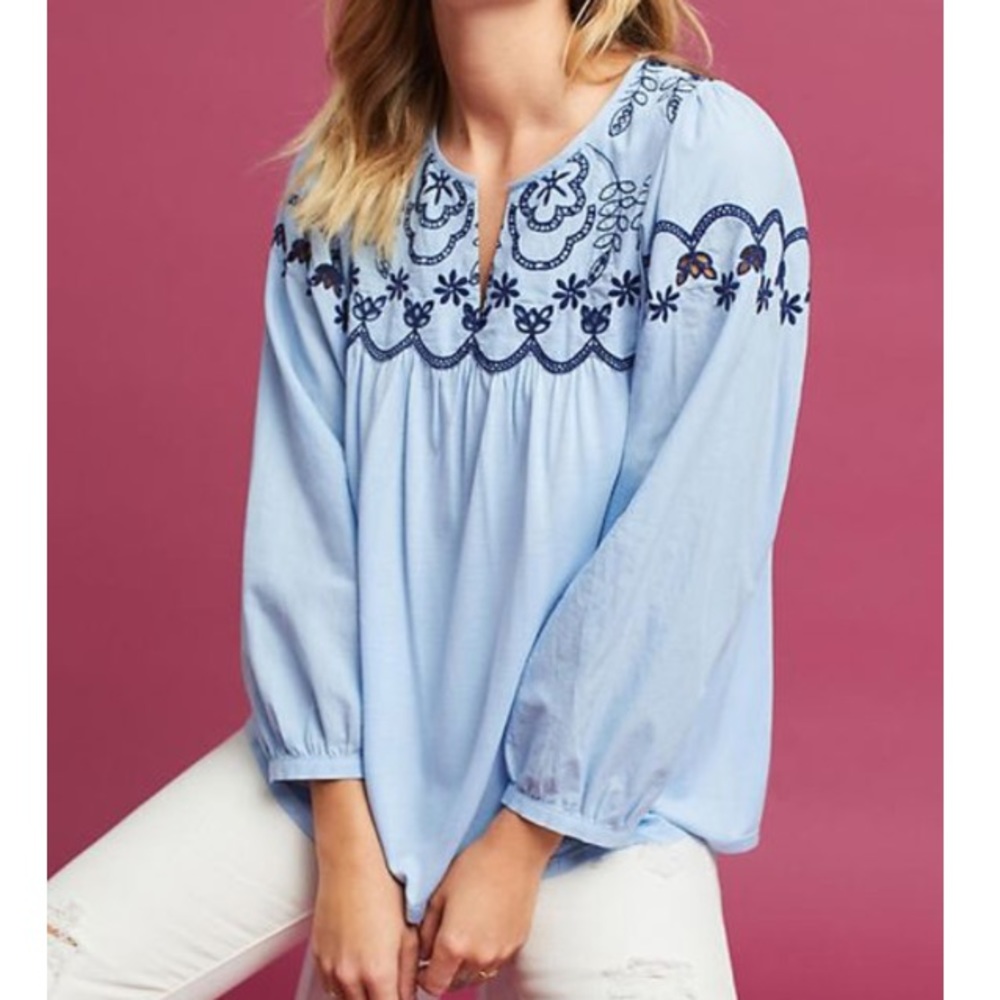 Anthropologie Blue Eyelet Peasant Blouse Shirt Top